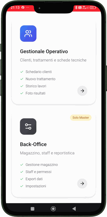 Dashboard di Chromise con le due aree del gestionale per parrucchieri: gestionale operativo per clienti e trattamenti, back-office per magazzino, staff ed export dati