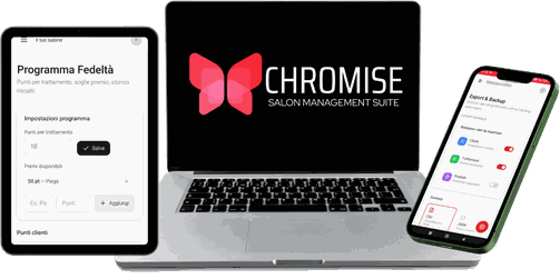 Chromise su tablet, computer portatile e smartphone: programma fedeltà a punti, logo Salon Management Suite ed export dati del salone in CSV e JSON