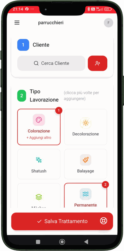 Schermata Nuovo Trattamento di Chromise: selezione del tipo di lavorazione tra colorazione, decolorazione, shatush, balayage, mèches e permanente