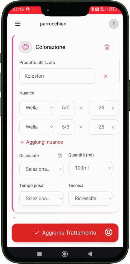 Scheda trattamento di Chromise su smartphone: formula colore con prodotto, nuance 5/0 e 5/3, grammature, ossidante e tempo di posa